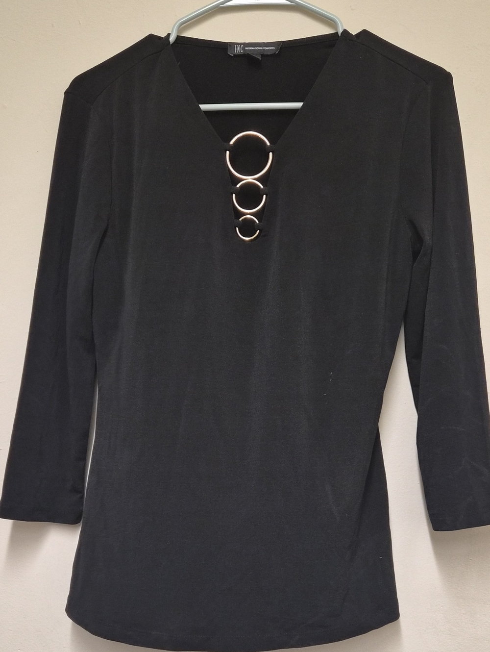 INC Black Long Sleeve V-Neck Top with Gold Ring Accents Size S